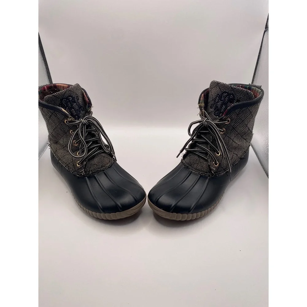 Marley Lilly Womens Herringbone Duck Boots Black Plaid Lined Ankle Rain Boots 6 - Picture 4 of 7